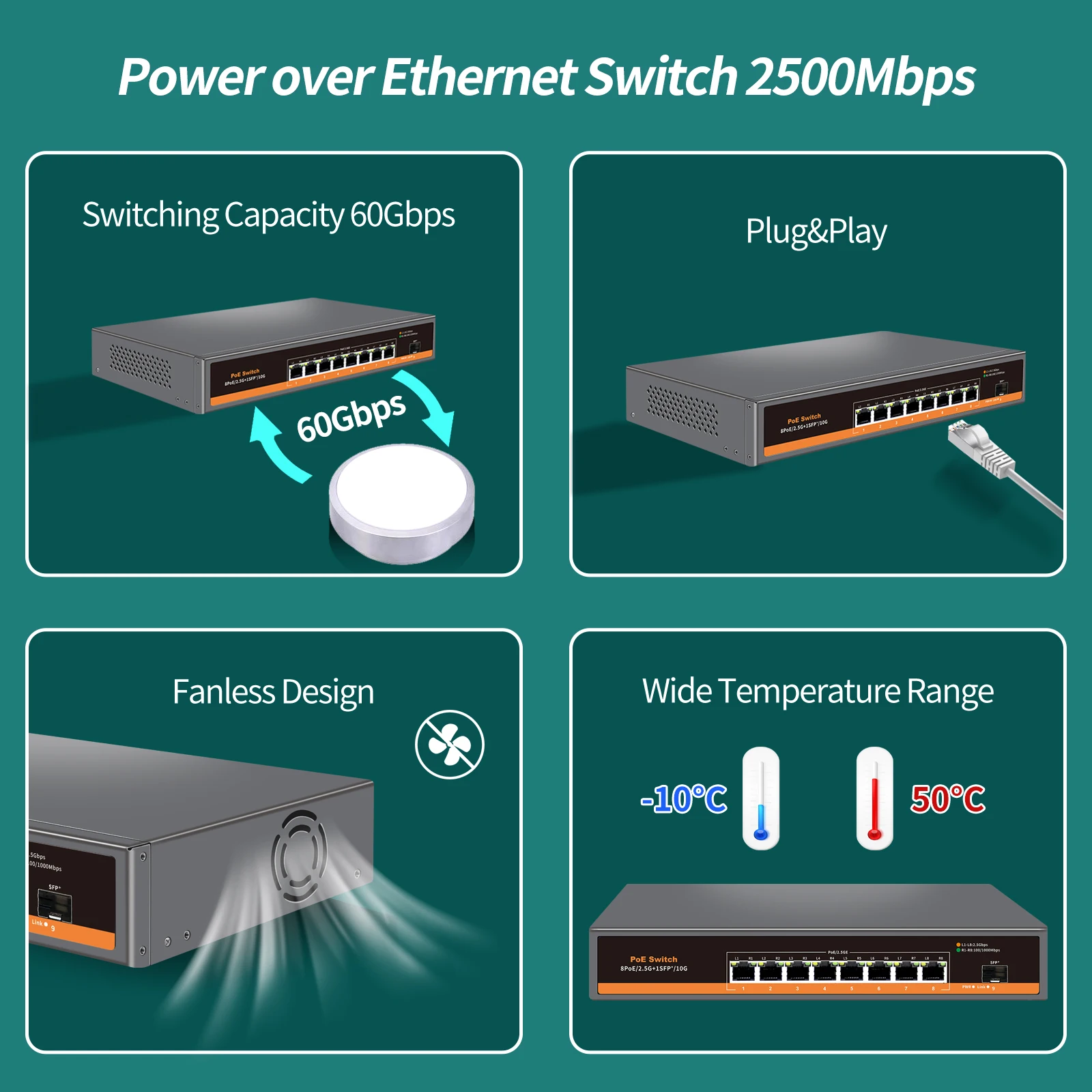 Imagem -03 - Gadinan-poe Switch para Câmera Poe Sfp Rede Metal Switcher Telefone Voip Vigilância Poe Port Base-t 1x10g 2.5g 120w