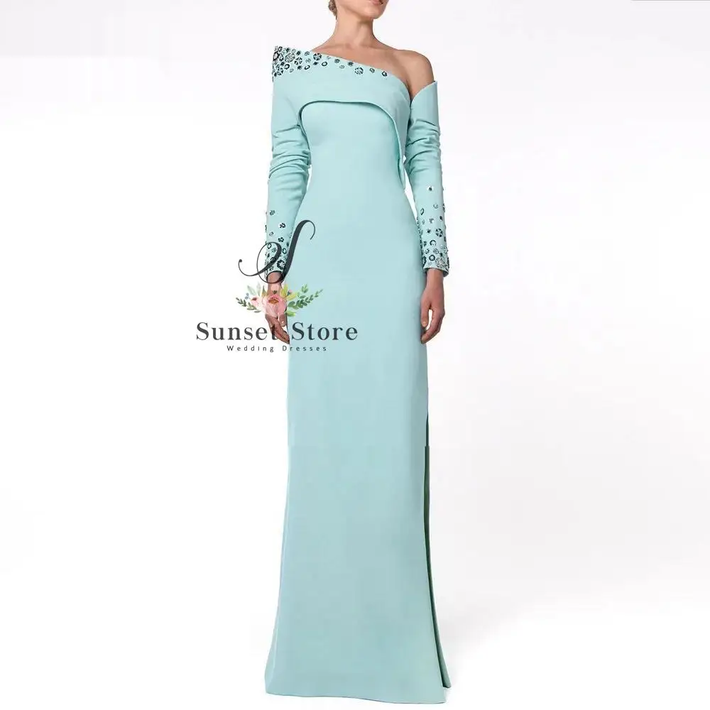 Customized  Baby Blue Mermaid Cocktail Gowns One Shoulder Crystal Long Sleeves Evening Gowns Crepe Party Dress