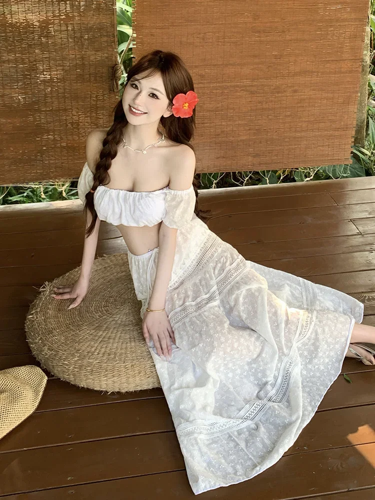 Sexy Pure Desire White Embroidery One oulder Bikini Tee Piece Set Separate Long Skirt Beach Vaion Swimsuit for Women