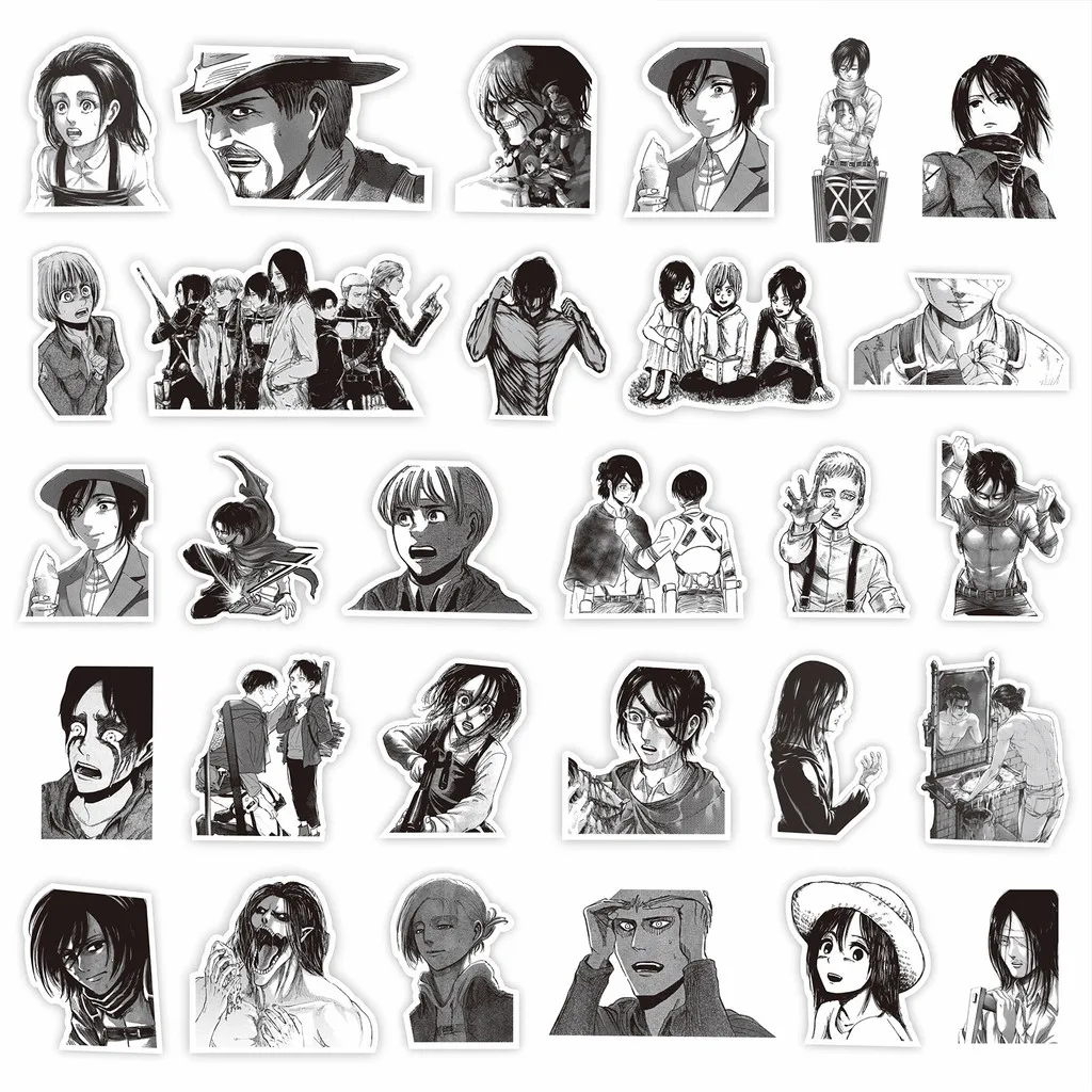 75 قطعة من ملصقات Attack on Titan - شارات Levi وEren وMikasa باللون الأسود والأبيض (متجر Anime Worlds)