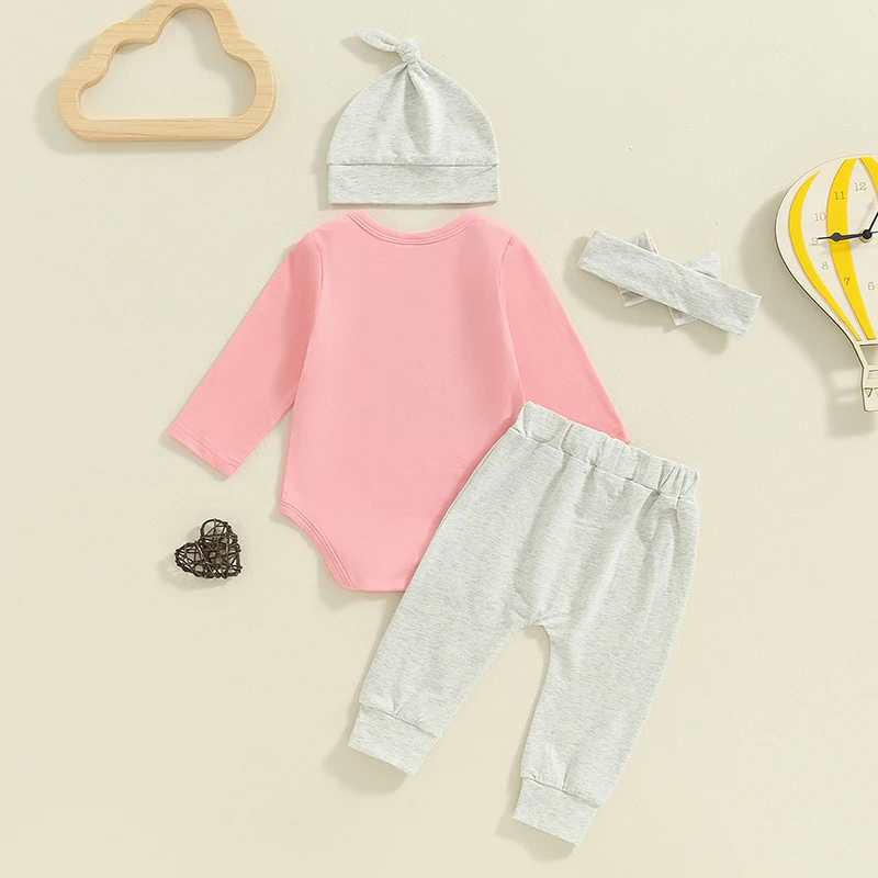 Suefunskry Baby Girl Fall Outfit, Letter Embroidery Long Sleeve Romper Elastic Waist Pants Hat Headband 4 Piece Set