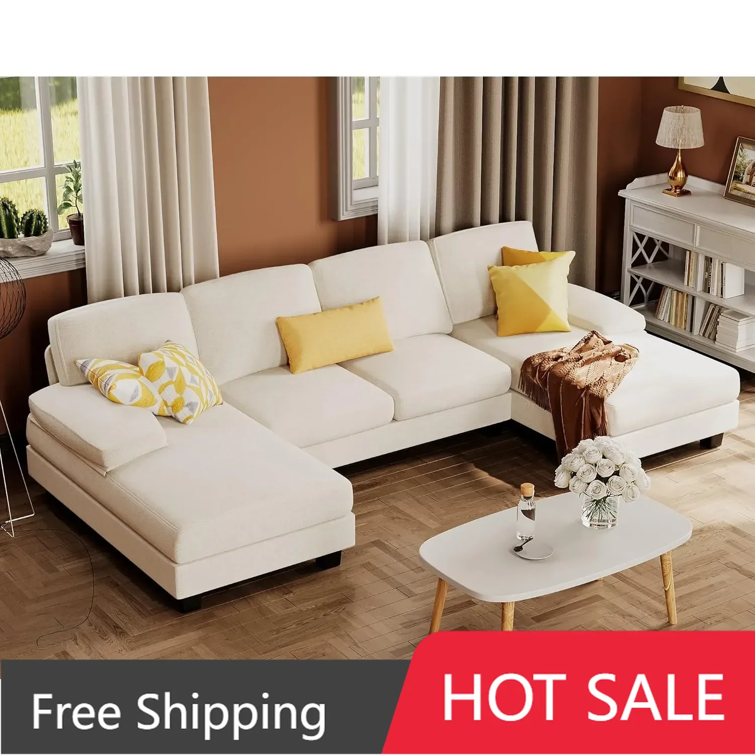 Sectional Couches for Living Room,U-Shaped Couch w/ Linen Fabric, 4 Seat Sofa Set w/ Double Chaise for Apartment (Fabric, White)