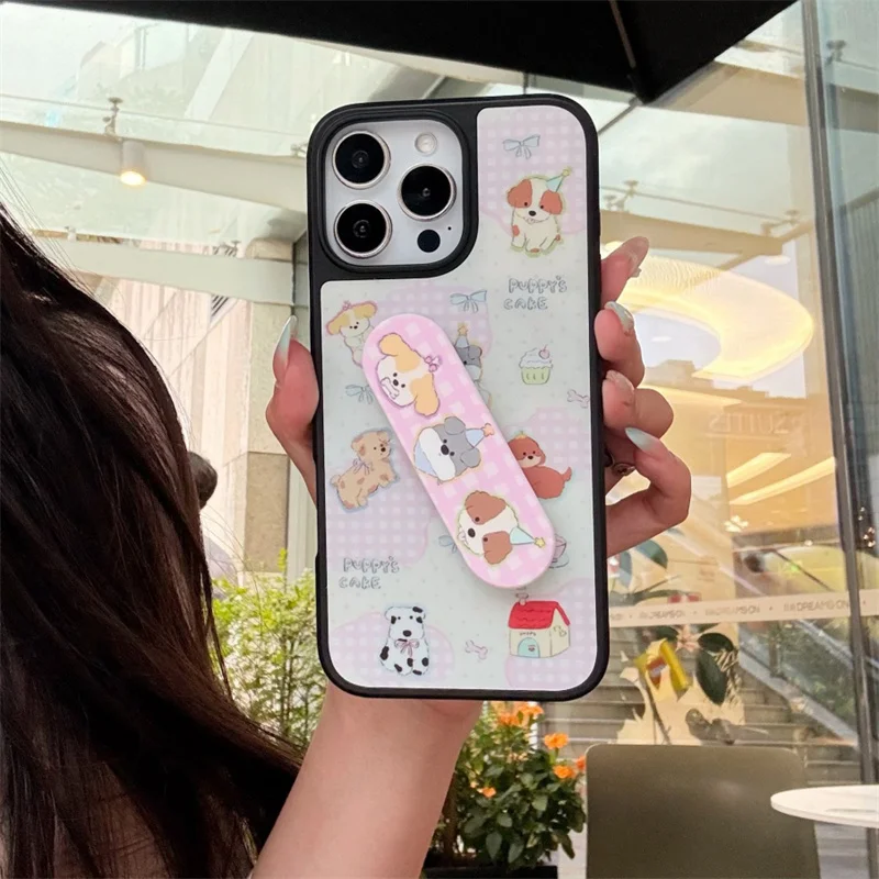 귀여운 강아지 아이폰 16 Pro 14 15 Pro Max 폰 케이스, 스탠드 홀더가 있는 카와이 만화 충격 방지 하드 케이스