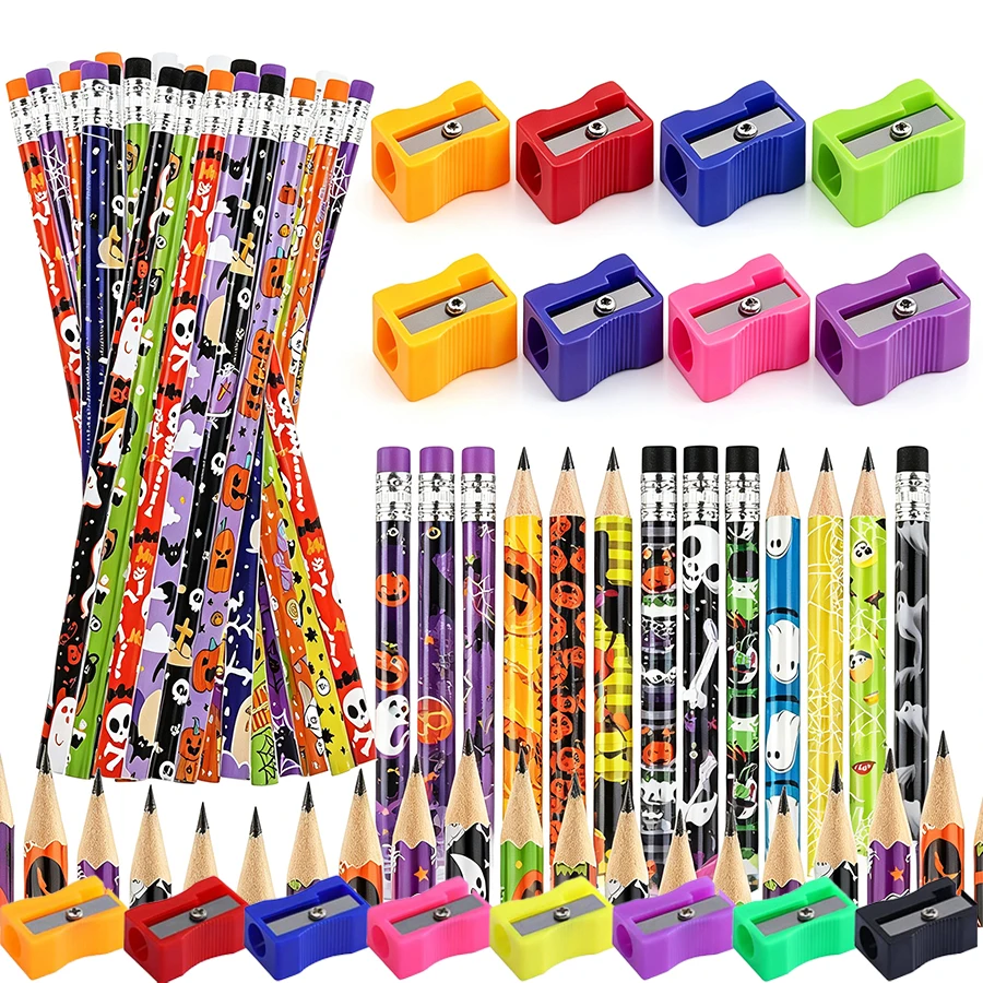 24/48pcs Halloween Wooden Pencils & Pencil Sharpeners Set, Assorted Pumpkin Ghost Spider Pattern Pencils, School Stationery
