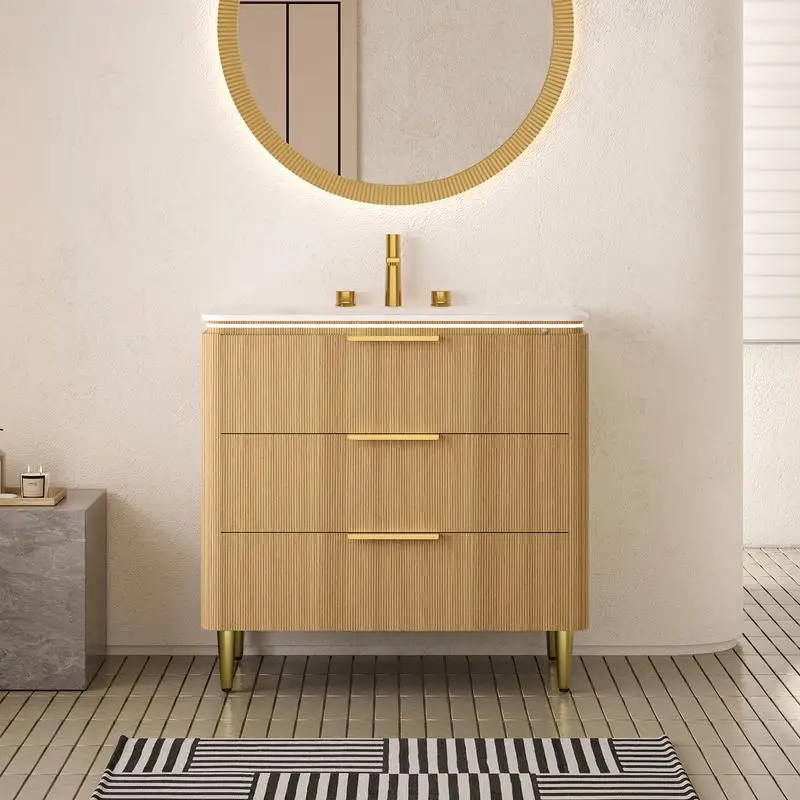 Vanity e lavabo da bagno da 36'', mobiletto indipendente in compensato con griglia ultrasottile, 3 cassetti, pietra bianca Carrara integrata