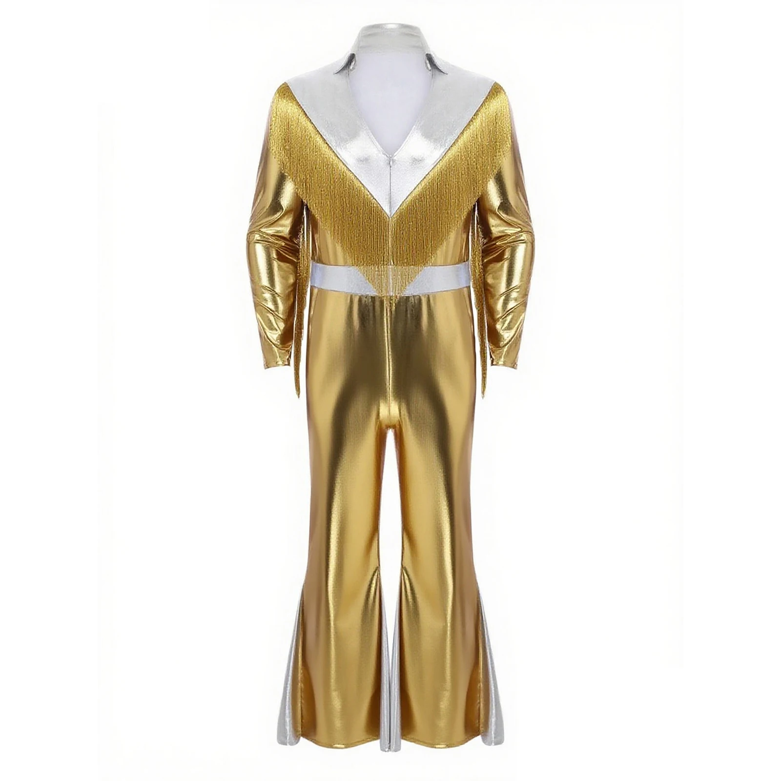 จั๊มสูทดิสโก้ผู้ชาย สีเมทัลลิกวิบวับ แต่งพู่ที่ปกเสื้อ แขนบาน กางเกงขายาวทรงกระบอก สำหรับฮาโลวีน คอสเพลย์ และสวมบทบาท