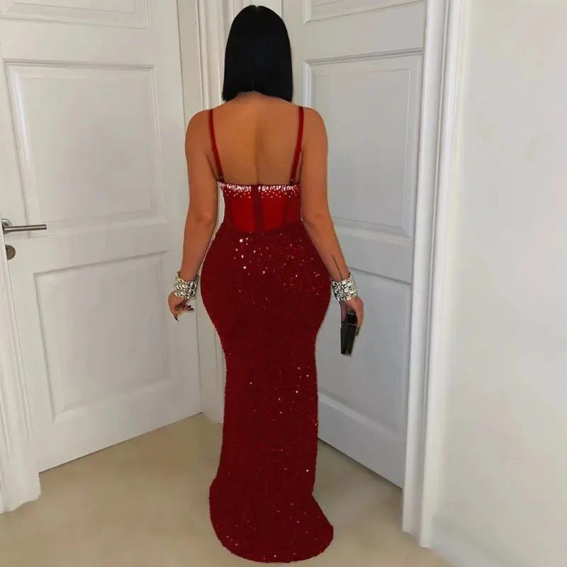 Women Sexy Sheer Mesh Patchwork Velvet Sequins Maxi Evening Party Dress Rhinestones Spaghetti Straps Backless Bodycon Long Robe