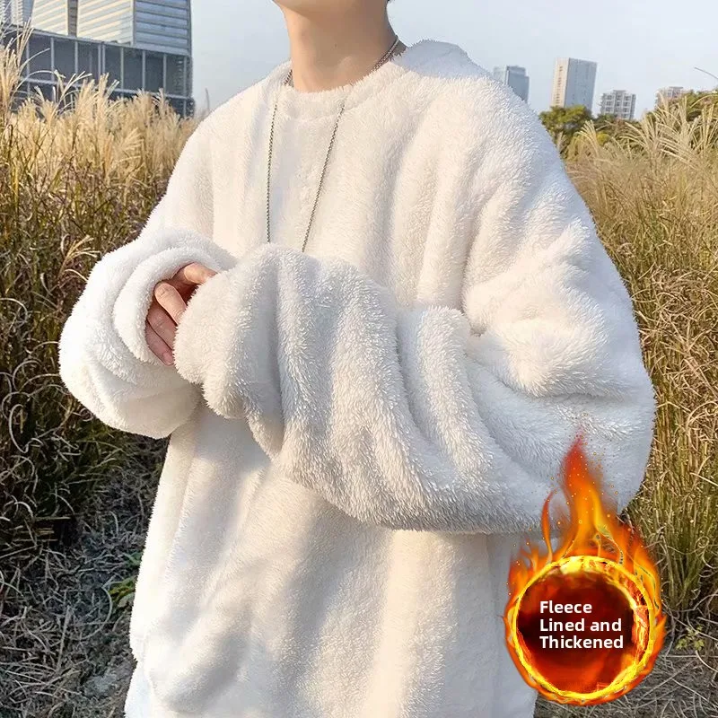 Men's Autumn Winter Thiened Fce Lined Flannel Sweatirt Loose Fit Warm Casual Long Sve T-irt for Outdoor Wear