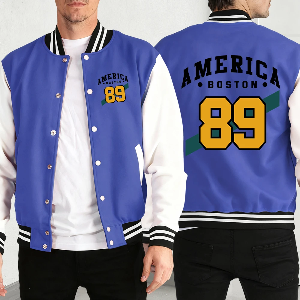 

American Boston Number 89 Print Men Jackets Autumn Winter High Street Baseball Jersey Basics Loose Comfy Pocket Clothing