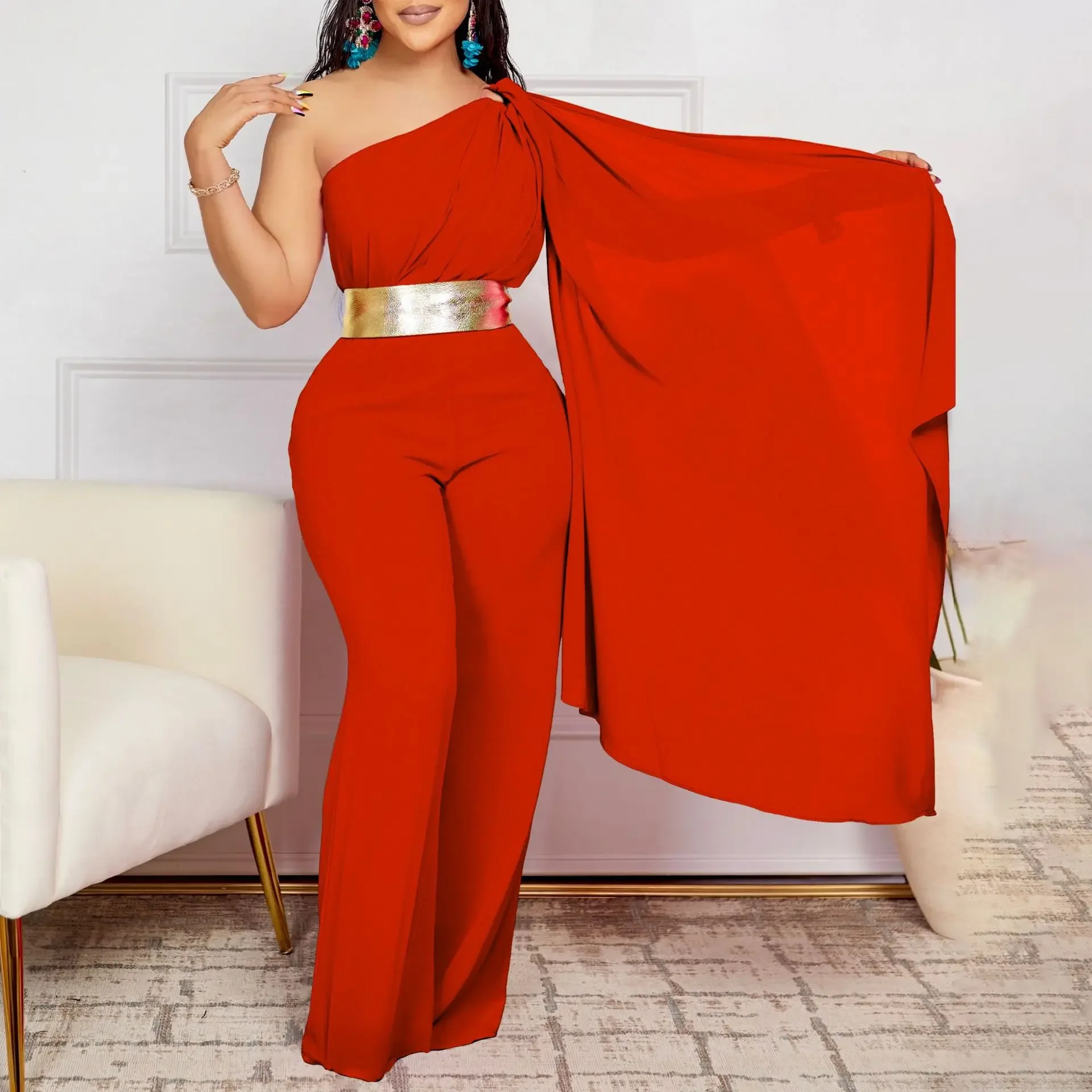 Womens Red Jumpsuits 2025 Spring and Summer Temperament Oblique Collar Splicing Pleated High-waisted African Jumpsuit For Female