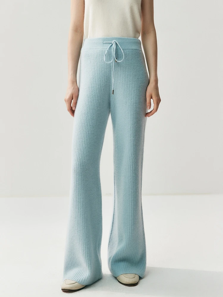 

100% Cashmere Women's Lace-up Knit Pants Autumn Winter Wide Leg Trousers Office Lady Elastic Waist Loose Cashmere Knitting Pants
