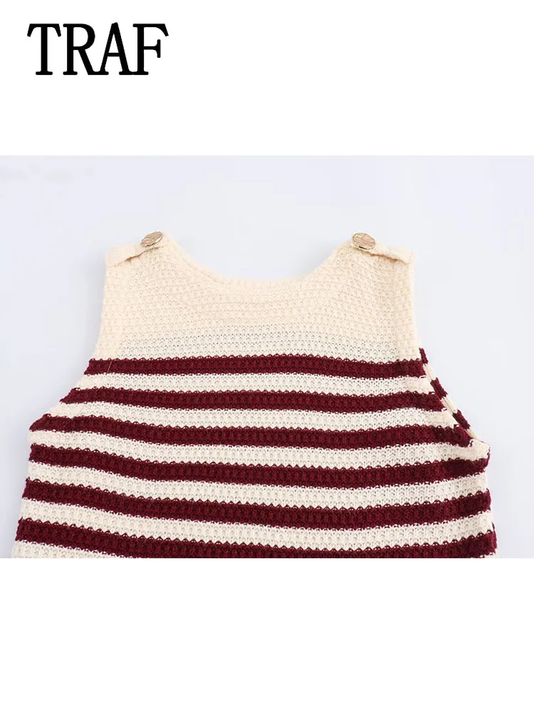 TRAF Women Knitted Vest Tops 2024 Summer New Fashion Metal Breasted Vests Women Elegant Chic striped Vest Tops