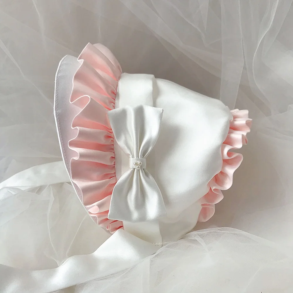 Victorian Bonnet Hat Vintage Maid Cosplay Pumpkin Cap Lace-up Adjustable Hat Women Girls Lolita Lace Ruffled Hat