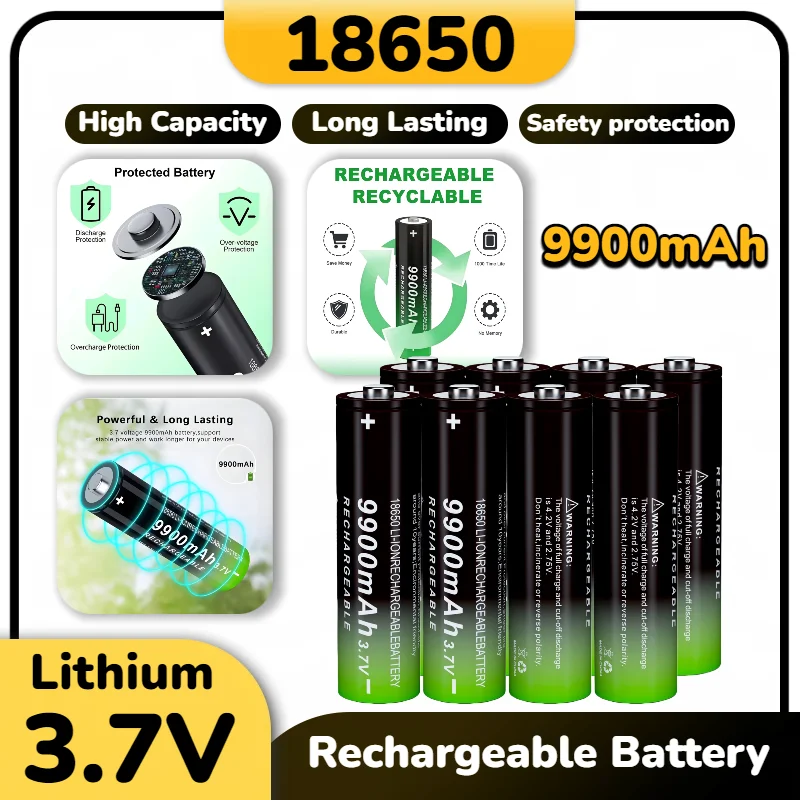 

High Capacity 18650 Battery 36.63Wh 3.7V Rechargeable with USB-C Fast Charger for Flashlight Torch LED Light
