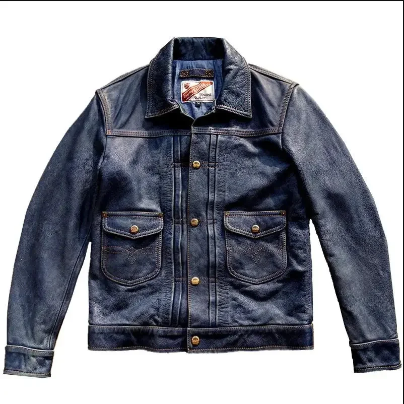 LNY!Wholesales.Fashion classic denim leather jacket.Men Vintage Indigo soft calfskin coat.Japanese slim fit wear