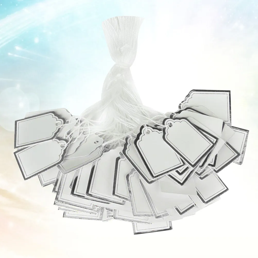 

500Pcs Silver White Rectangular Jewelry Price Tags 15x25mm Gold Foil Blocked Hard Paperboard with 75Mm Hanging String for Watch