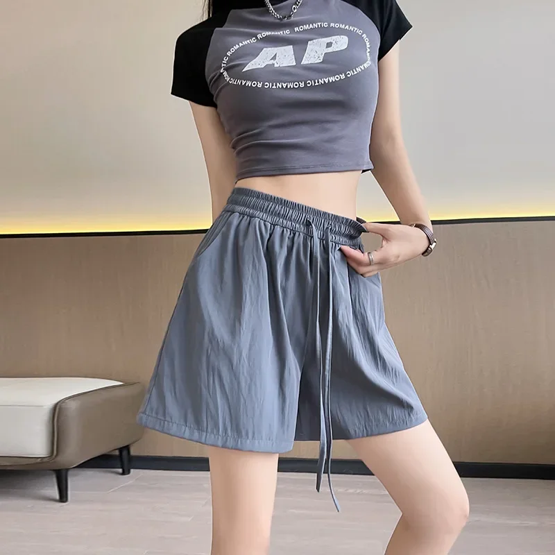 Summer 2025 New High Waist  Wide Leg Pants Elegant Light Green Drawstring Loose Casual Pants Korean Fashion Solid Color Shorts