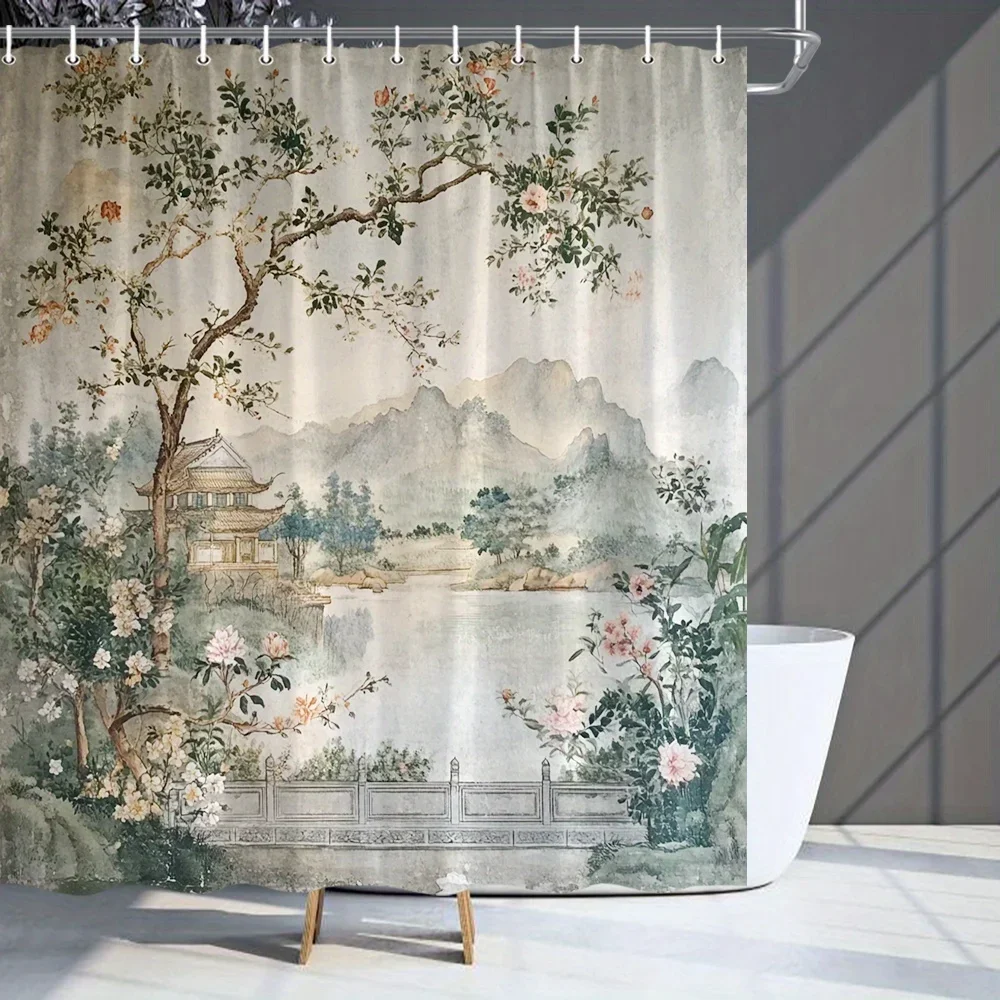 

1pc Scenic Waterfall Forest Mountain Shower Curtain - Traditional Chinese Landscape Art with Blooming Flowers & Misty Mountains,