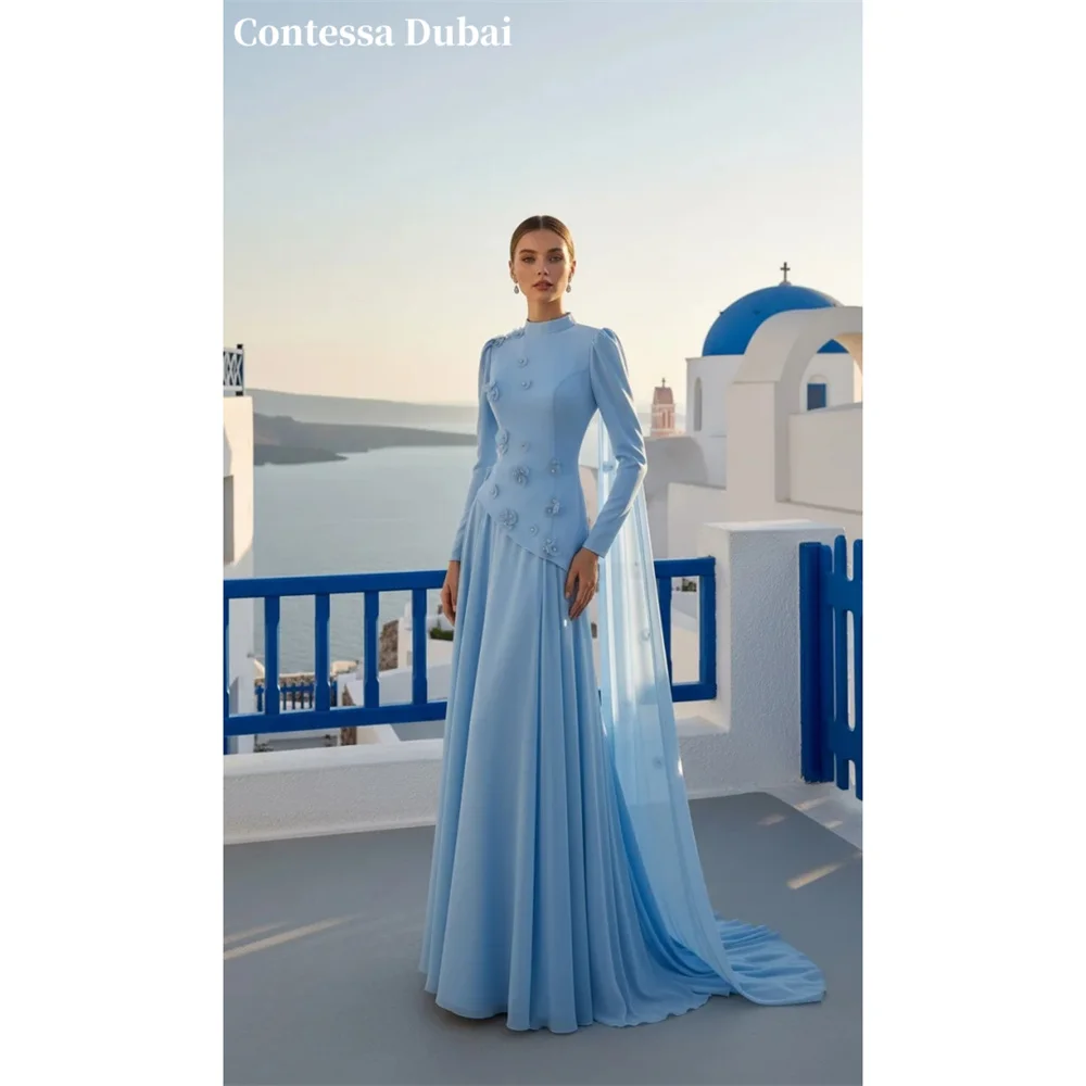 

Contessa Custom Sky Blue High Neck Evening Dress 3D Floral Chiffon Prom Dresses Cape Vestidos De Noche Formal Evening