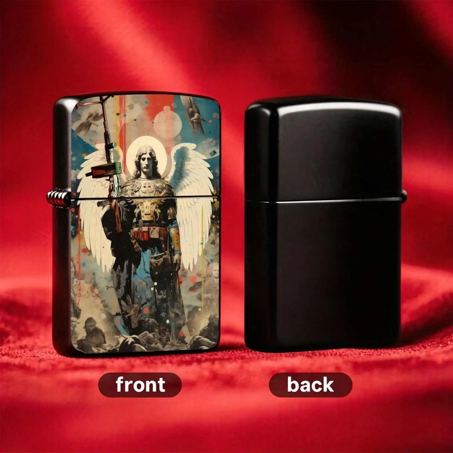 Reusable Flip-Top Pocket Metal Lighter, Windproof Fuel Type, Featuring Vintage Religious Style Archangel Art Print, Refillable Fuel Tank, Durable Construction, Compact Size for Easy Carry, Ideal for Daily Use, or Gift-Giving Humorous and