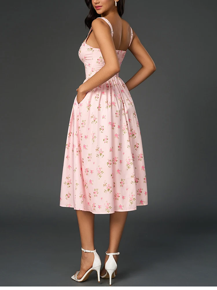 NewAsia Damen-Midikleid mit Blumendruck, Träger, A-Linie, sexy, hoher Schlitz, rückenfrei, zarte Ausschnitte, Sommerparty, Strandurlaubskleid