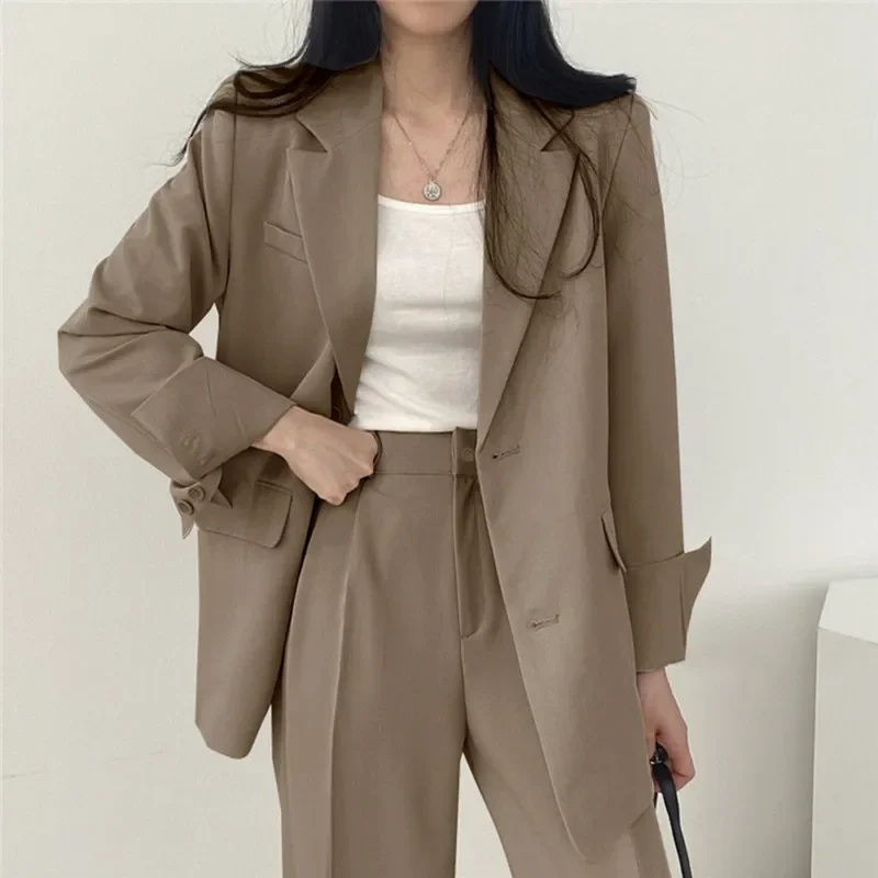 Classic Solid Color Women's Suit Set Fashion Loose Casual Design Spring Autumn Two-Piece Sets Office Long Sleeve Pocket Suits