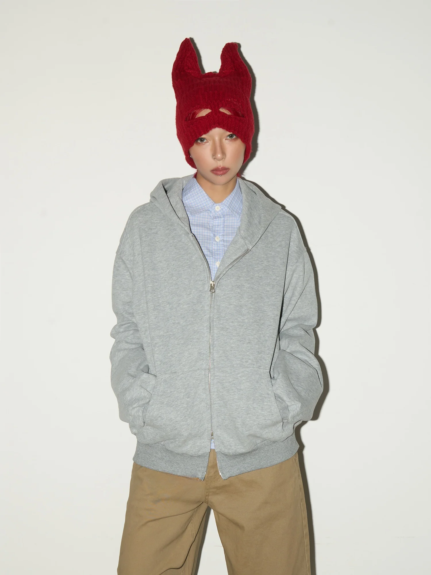 

MICHINNYON Lazy Sle Hoodie Cardigan Double Zipper Design Casual Outerwear Autumn Winter Cotton Polyester Blend Long Sve