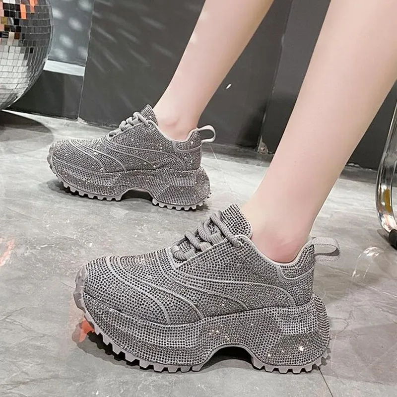2025 Womens Rhinestone Shoes Luxury Fashionable Versatile Inner Height Increasing Women Sneakers Thick-soled Casual Sports Shoes