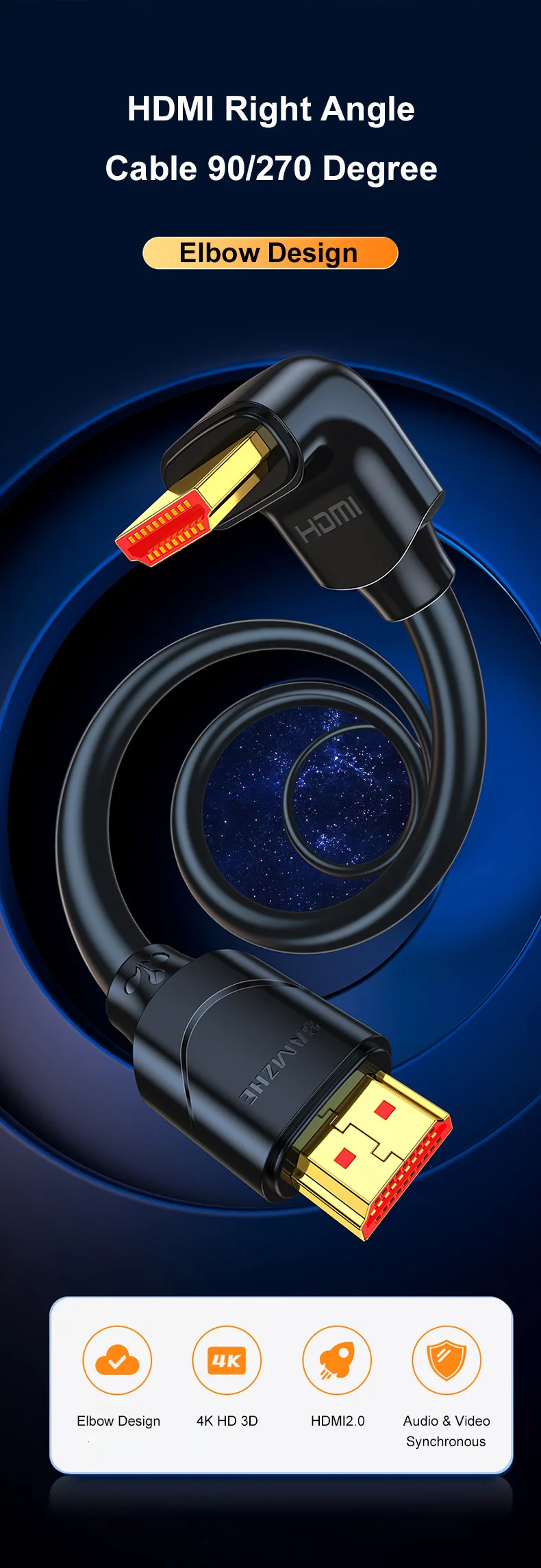 SAMZHE 90/270 Grad Winkel HDMI-Kabel 4K/60Hz HDMI-kompatibles 2.0-Kabel Video-Audio-HDMI-Kabel für RTX 3080 PS4 Xbox – Detail 2