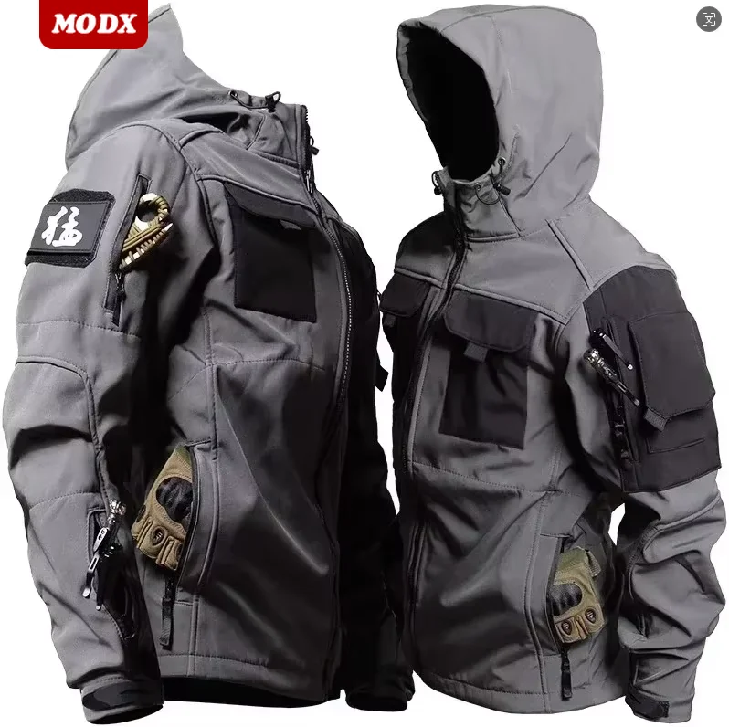 Tactical Men Soft Shell Hooded Jacket Winter Fleece Multi Pocket Warm Overalls Outdoors Training Windproof Hunting Uniform