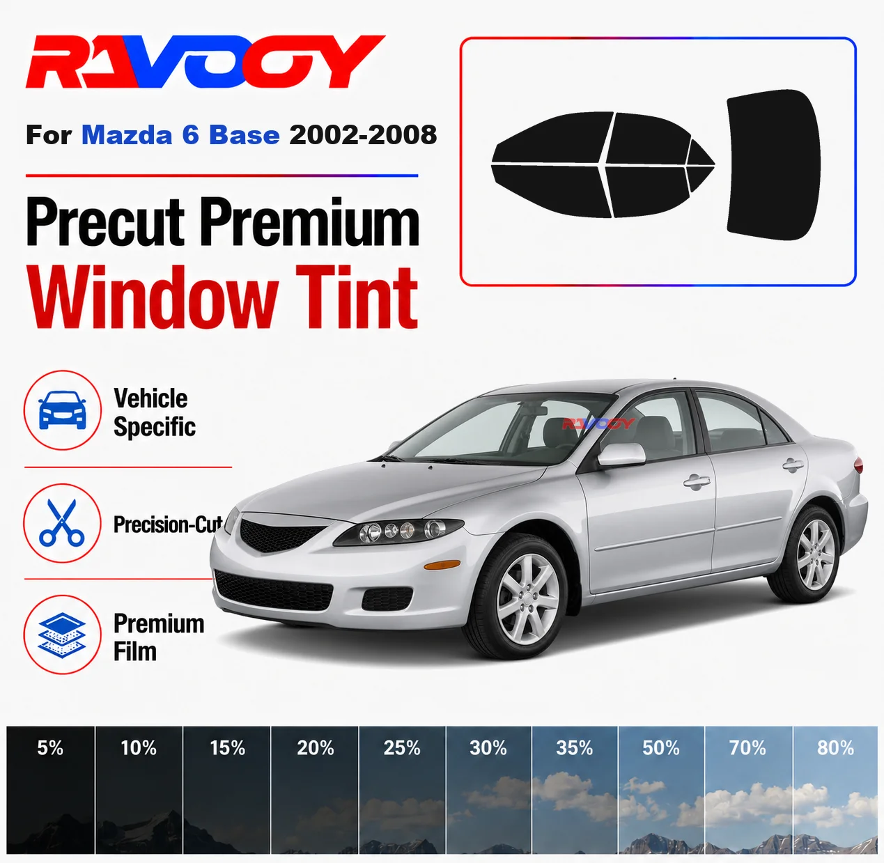 

Premium Precut Window Tint Kit Front Windows Rear Windows Rear Windshield For Mazda 6 Base 2002-2008 Car Solar Nano Ceramic Film