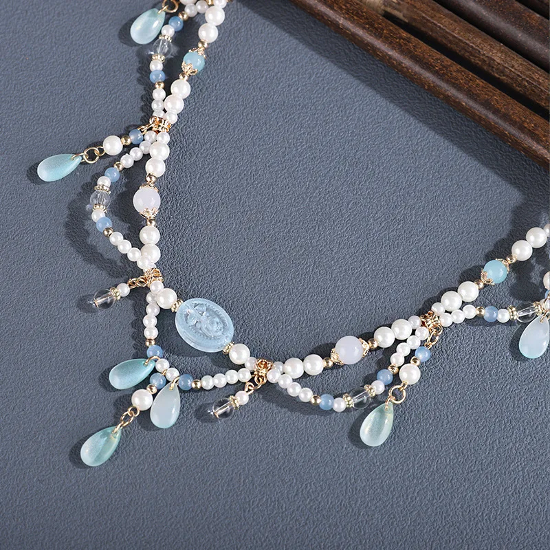 Fashion New Chinese Style Elegant Blue And White Wreaths Necklace Glass Water Drop Pendant Song And Ming Dynasty National Trendy