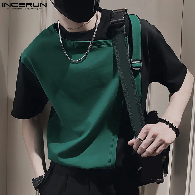 Fashion Leisure Style Tops INCERUN Mens Splicing Backpack Buckle Design T-shirts Handsome Male Short Sleeved Camiseta S-5XL 2024