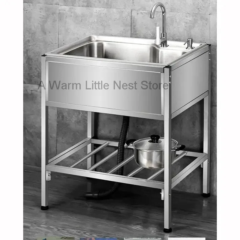 

Double Basin Simple Kitchen Sink for Dining Room Reinforced Bracket Metal Sinks Modern Floor Standing Kitchen Sinks for Home