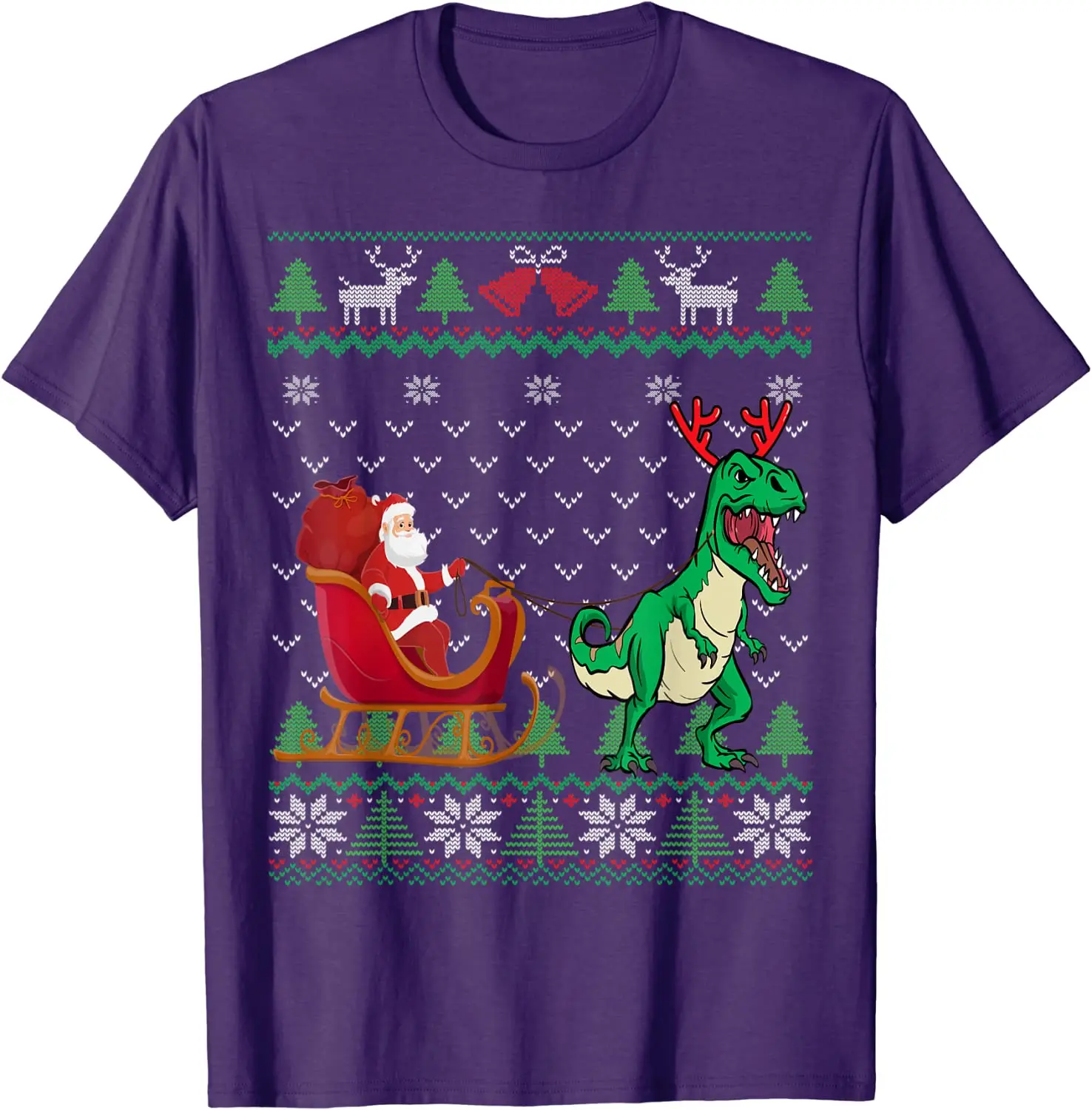 Funny Dinosaur Ugly Christmas Sweater T Rex Pulling Santa's Sleigh T-Shirt 100% Cotton O-Neck Short Sleeve Casual Mens T-shirt image 2