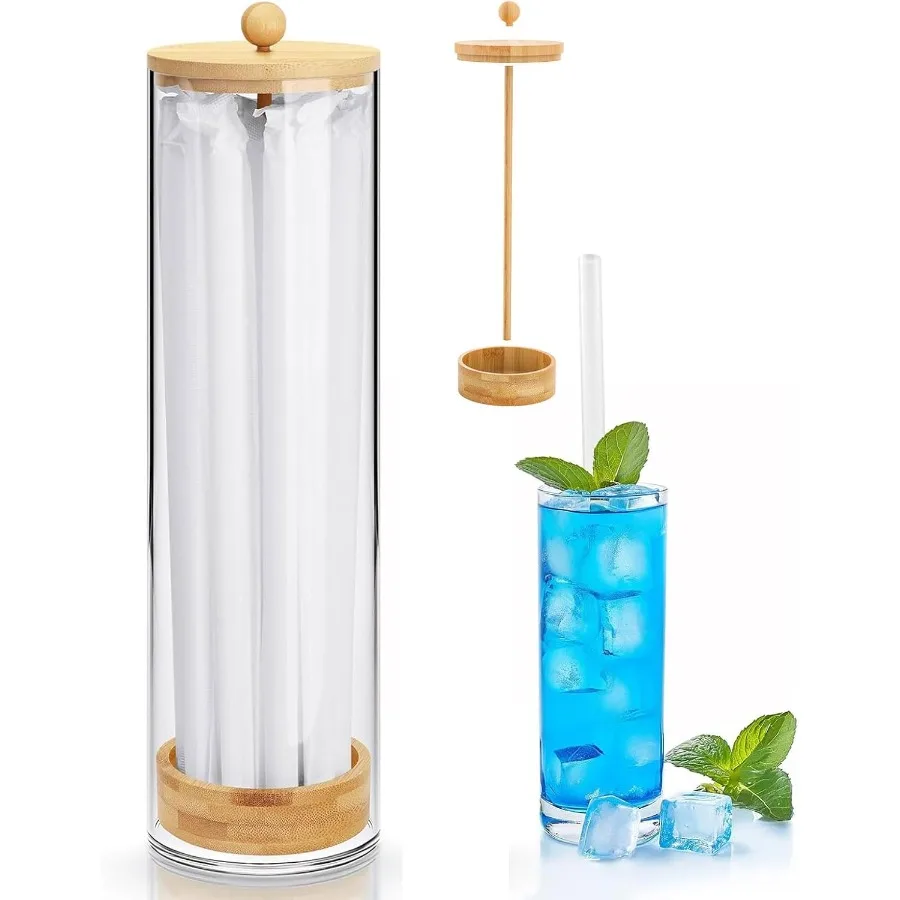 

13Inch Acrylic Straw Dispenser with Bamboo Lid with 100 Colorful Straws Transparent Counter Container Countertop Organizer for