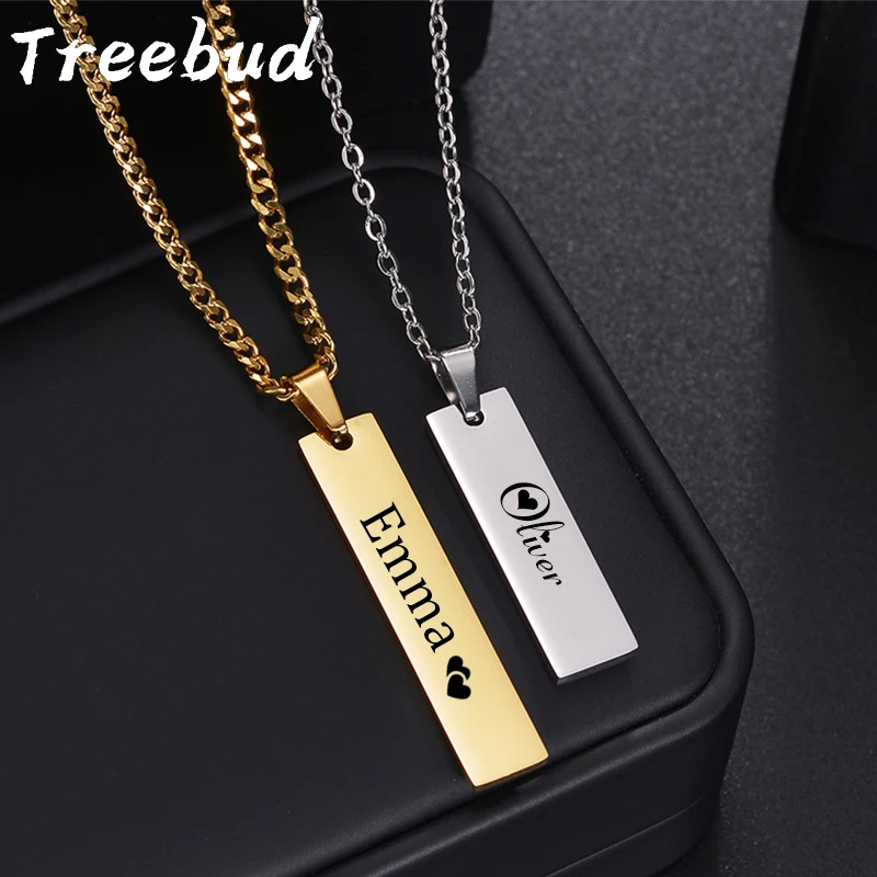 Treebud Personalized Custom Name Square Pendant Necklace for Women Stainless Steel Laser Engrave Date Text Chain Bar Necklace