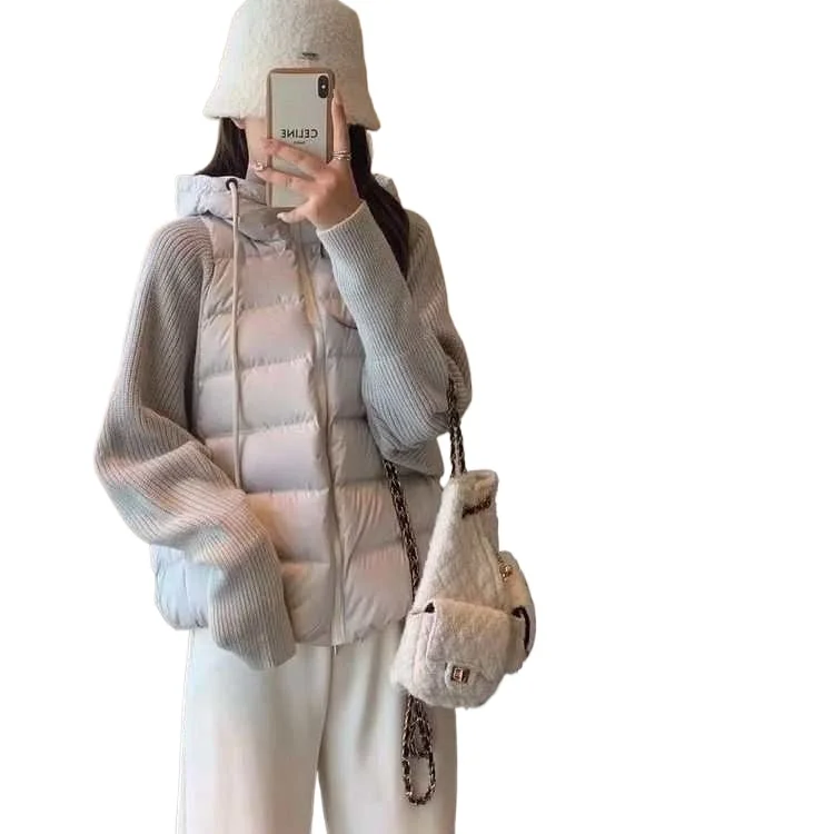 

Lightweight Knitted Patchwork Cotton Coat for Women in Short Style Fake Two-piece Cotton Coat Korean-style Loose Winter Jacket