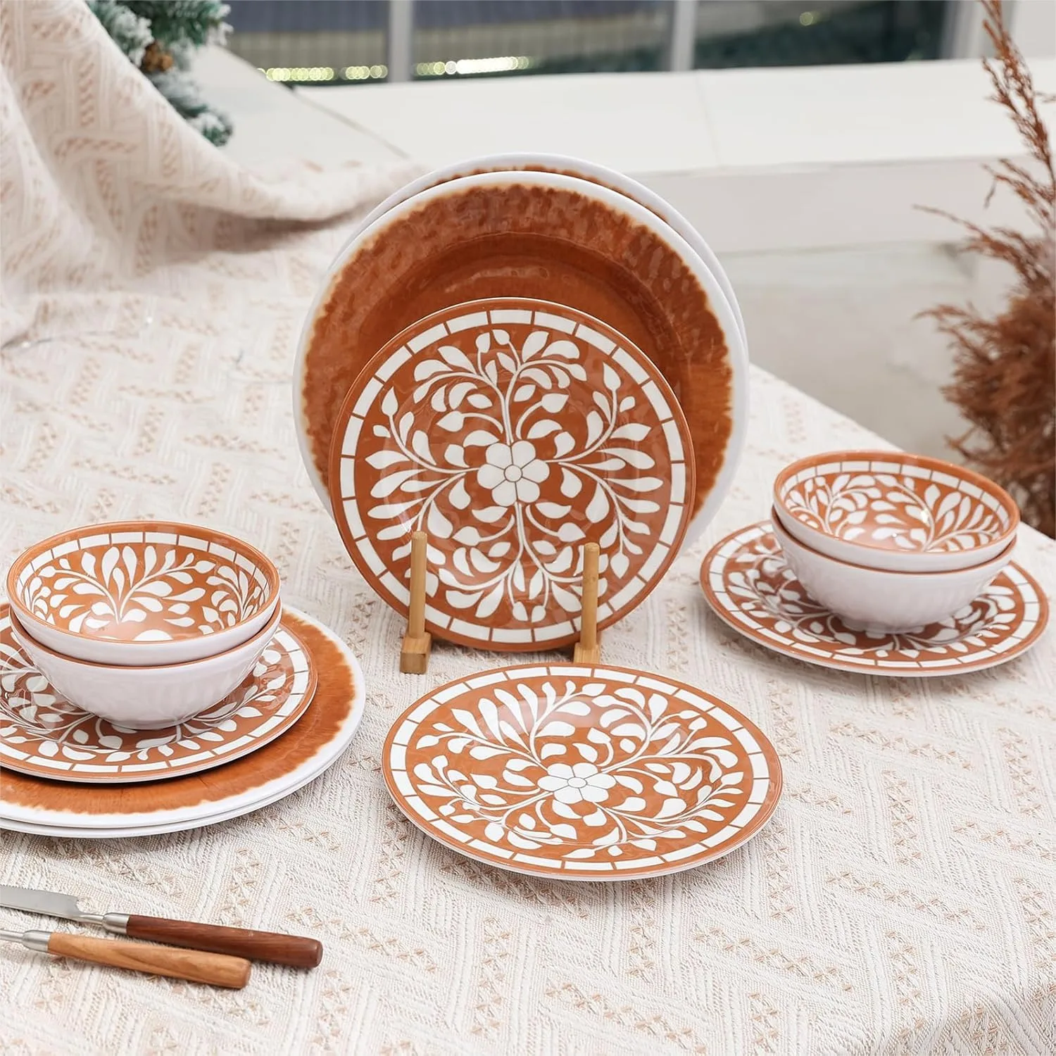 

Melamine Plates and Bowls Set, 12-Piece Unbreakable Dinnerware for 4, Brown-Yellow