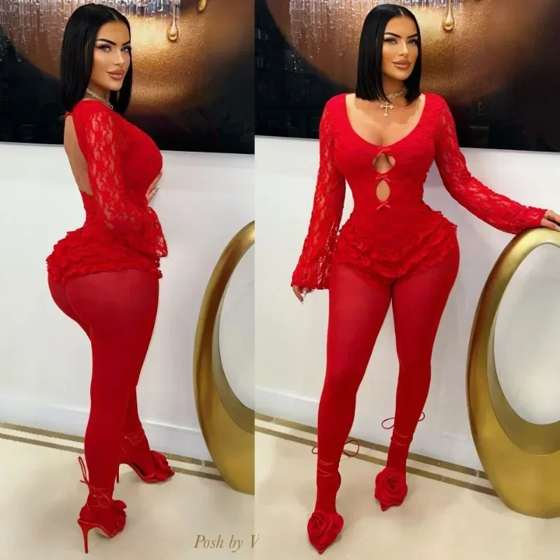 

GUWU женские кружевные комбинезоны с длинными рукавами и v-образным вырезом с оборками, комбинезон, сексуальный прозрачный комбинезон для вечеринки в ночном клубе, цельный комбинезон, наряды