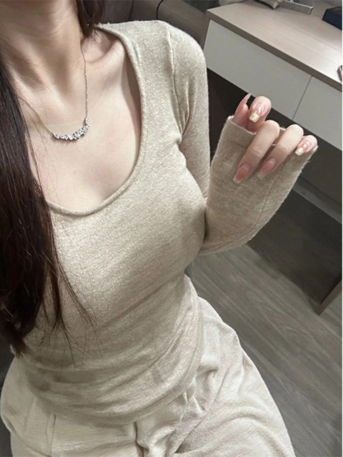 U Collar off-Shoulder Long Sleeves T-shirt Female Fall and Winter Dralon Brushed Inner Bottoming Shirt Pure Desire Sexy Silm ...