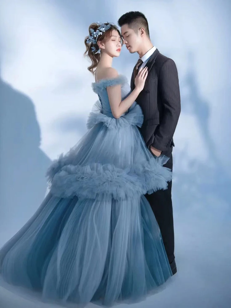 Aangepaste blauwe vrouwen trouwjurken nieuw ontwerp tule off-shoulder bruidsjurken formele vestido de noiva gewaad mariage