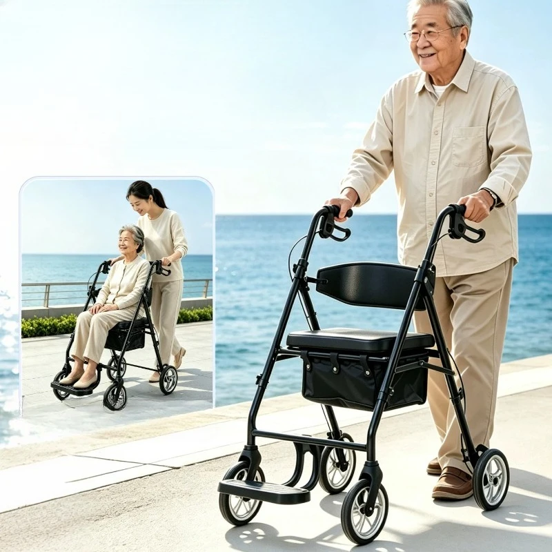 Four Wheel Rollator Walkers for The Elderly Heavy Duty Walking Aids for Seniors, Lightweight Folding Mobility Walker with Seat
