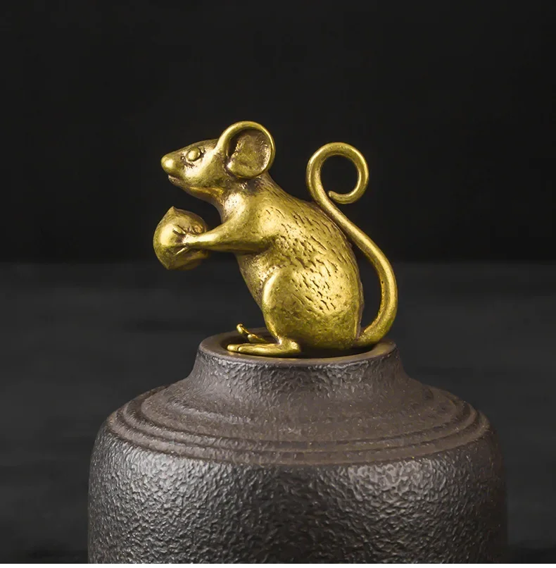 Copper Cute Mouse Peach Miniatures Figurines Tea Pet Table Ornament Crafts Brass Animal Rat Statue Home Decorations Accessories