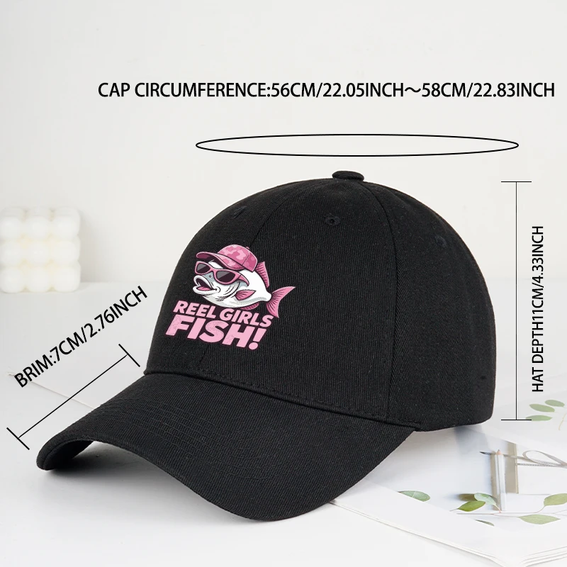 Girls Fish Cartoon Fishing Print Soft-Top Baseball Cap,Adjustable Curved-Brim Dad Cap,for Outdoor Fishing,Camping,and the Beach