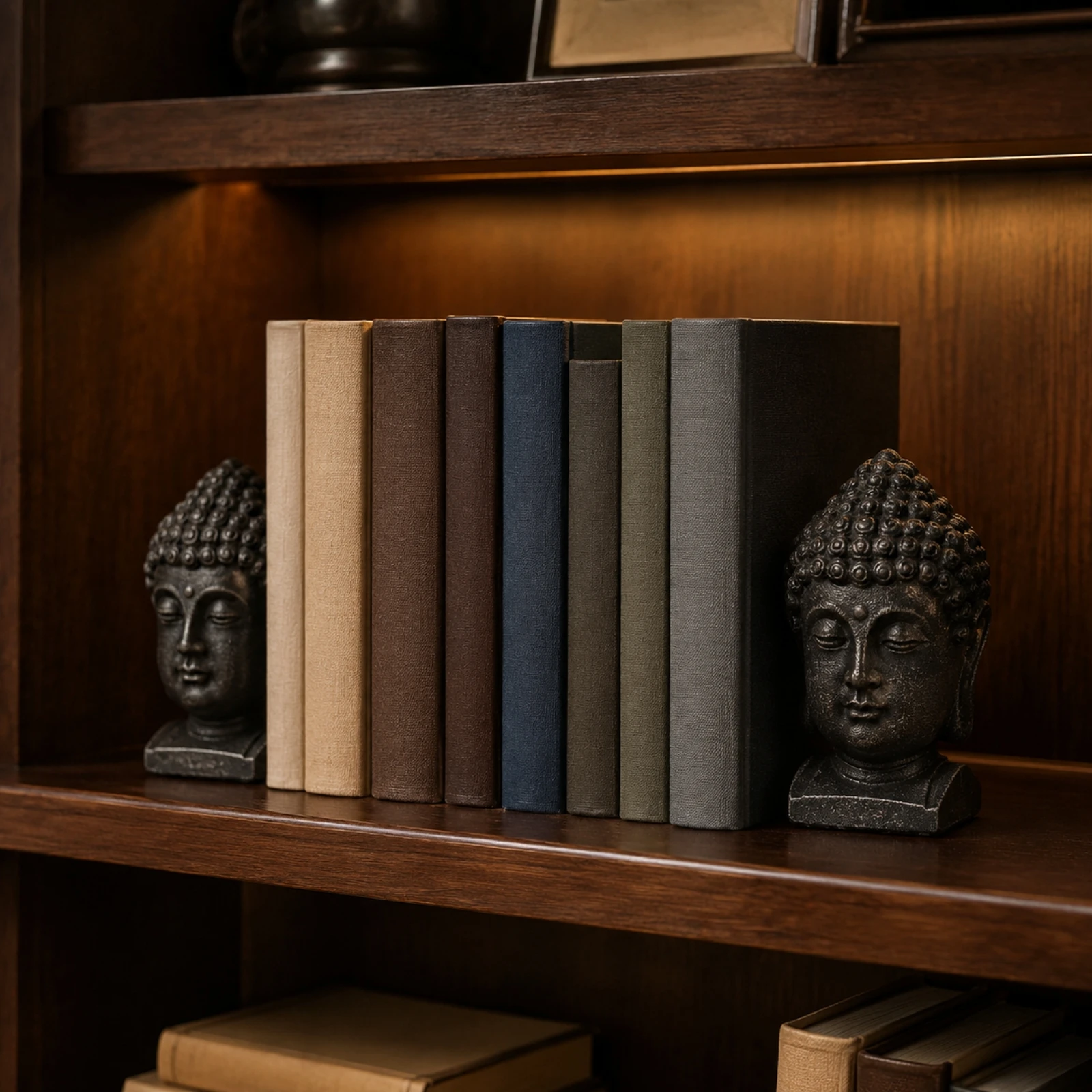 Serre-livres tridimensionnel avec motif de tête de Bouddha, inspiré du style vintage, robuste, idéal pour la décoration intérieure.