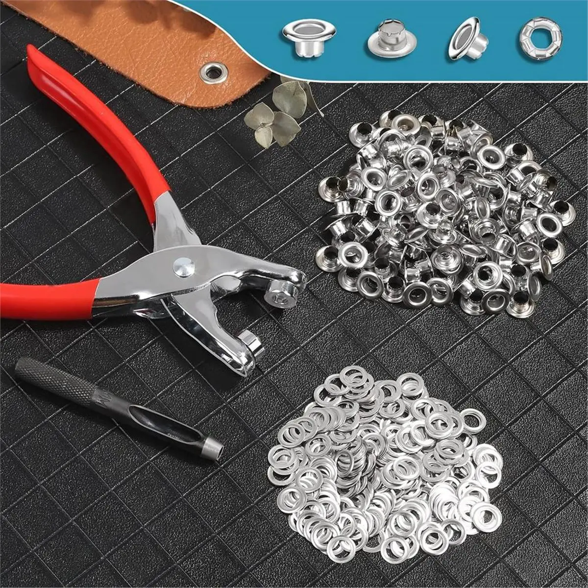 412Pcs Grommet Tool Kit 6mm Open Stomata with 6 Flower Pliers + Silver 400 + 6 Black Punch for Leather, Belts, Shoes