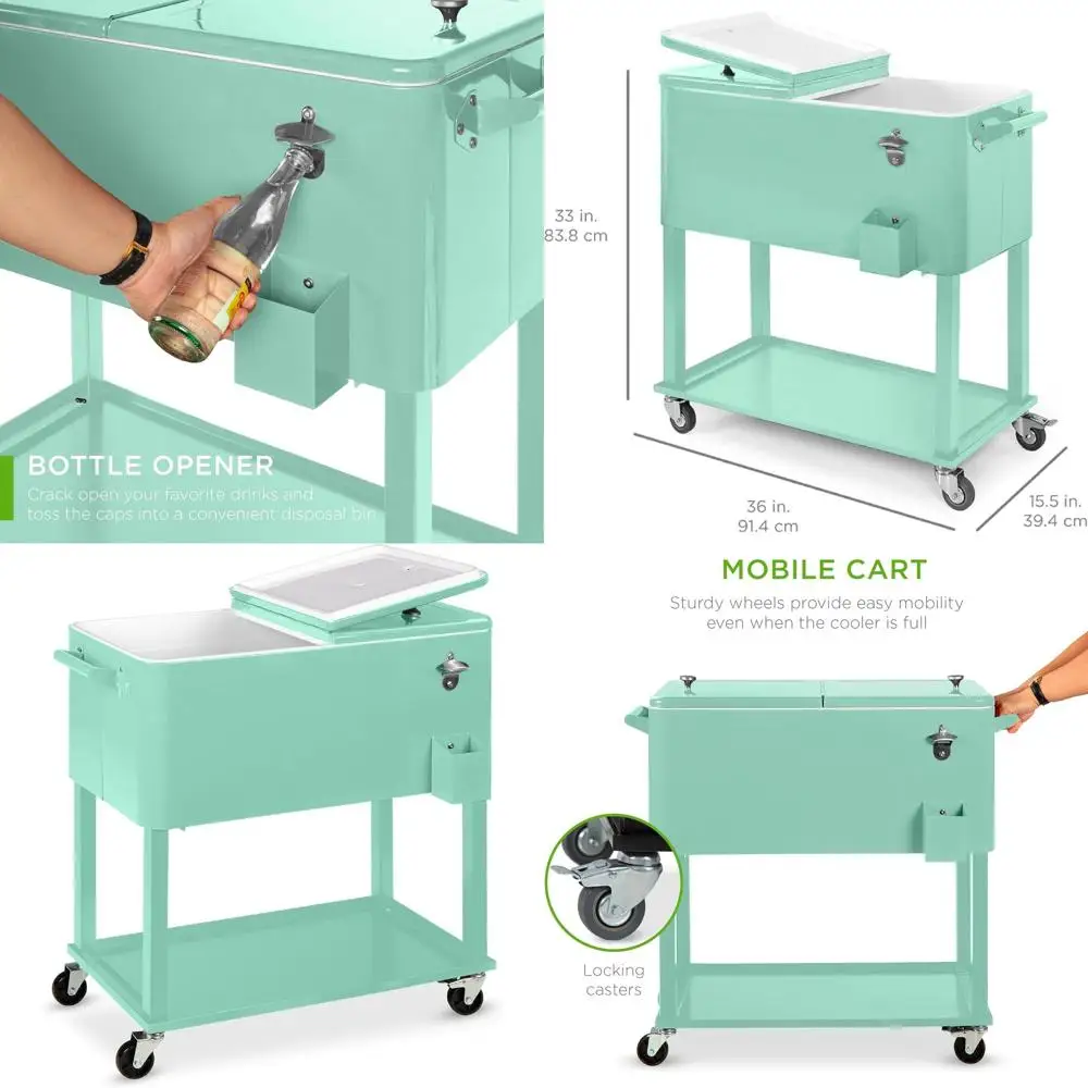 

Уличный стальной переносной холодильник-контейнер на 80 кварт с отсеком для льда, открывалкой для бутылок, поддоном, дренажем и фиксирующимися колесами