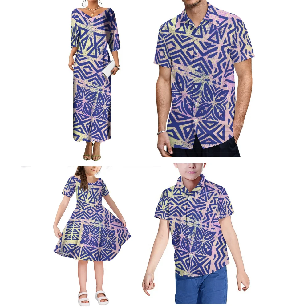 A Custom-Made Family Set Featuring Polynesian Tribal Print Designs For Mother-Daughter Dresses And Father-Son Shirts