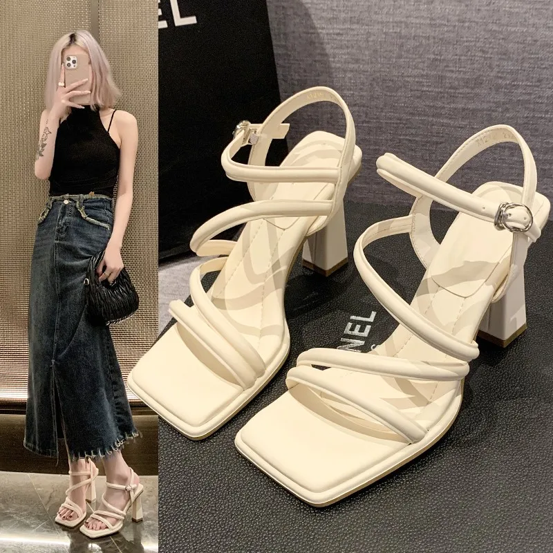 Thick Heels, Gentle and Versatile Sandals, Fairy Style 2024 New Summer Internet Celebrity Style, One Line Buckle High Heels